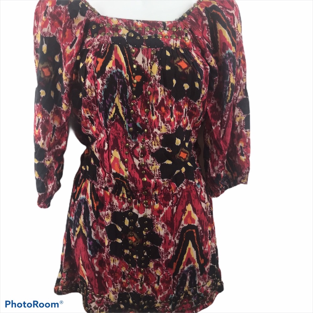 Angie Embellished Tunic Top Boho Peasant Brass Look Studs Pullover